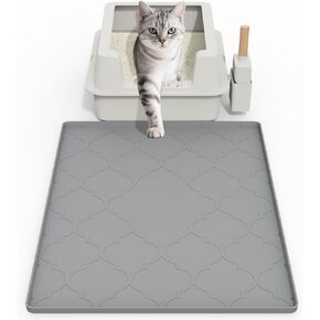 Cat Litter Box Mat, 28" X 22" Large Silicone Cat Litter Trapping Mat, Easy Clean for Scatter Control, Soft on Kitty Paws, Waterproof, Urine-Proof, Non-Slip Kitty Litter Mat for Floor, Gray