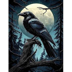 QENSPE 5D Diamond Art Crow & Moon DIY Round Full Drill Diamond Painting Kits for Beginners,Halloween Diamond Dots for Adults,Home Wall Decor & Gift Perfect for Relaxation 12x16 inch