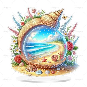 Aeepics DIY Diamond Art Tabletop Kit for Adults, Acrylic Desktop Diamonds Painting Kit Ornament, Stand Up Diamond Art Painting Board Kit (Lady Chicken on The Beach)