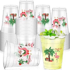 100 Pcs Christmas Disposable Plastic Cups Bulk 12 oz Clear Thick Merry Beachmas Cups Summer Christmas Decorations Hawaiian Themed Party Decorations Holiday for Beer Coffee