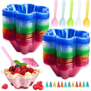 Huaerle 150 Pieces Ice Cream Cups and Spoon with Paper Umbrellas, Colorful Small Plastic Dessert Bowls Snack Ice Cream Cups for Holiday Party Summer Cookout Kids Birthday, 8 OZ