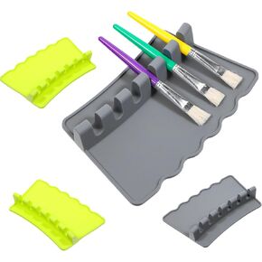 4 Pack Silicone Paint Brush Holders, Large Paint Brush Rest with 6 Slots, Suitable for Watercolor, Oil, Acrylic Painting Brushes (2 Grey, and 2 Green)