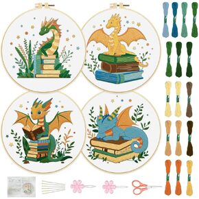 FREEBLOSS 4 Set Book Embroidery Kit with Stamped Cartoon Dragon and Book Pattern Embroidery Kit for Beginners Instructions Included Cross Stitch Kit Embroidery Starter Kit for Adults 20cm