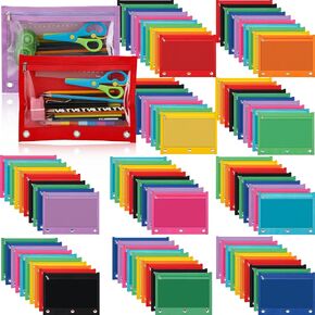 Lincia 100 Pack Pencil Pouches for 3 Ring Binder Bulk Enlarge Clear Window Pencil Pouches Multi-Color Zipper Pen Case 3 Reinforced Grommets Pen Bags for Binder Organize Office Supplies