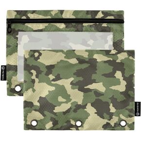 Camouflage Army Green Pencil Pouch for 3 Ring Binder Pencil Case with Zipper Clear Window Pencil Bags for Daily Office Supplies 2 Pack
