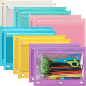 Lincia 12 Pack Large 3 Ring Binder Pencil Pouch 3 Holes Zipper Pencil Pouches in Assorted Colors Sturdy and Lasting Cloth Supplies Holder with Clear Window for Office College(Vintage)