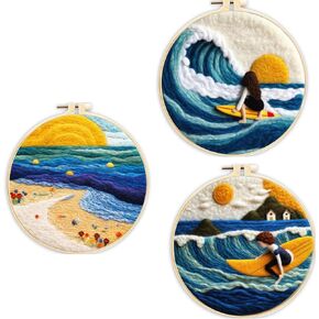 3 Sets Wool Felt Sets Seascape Scenery Needle Felting Kits DIY Handmade Wool Felt Painting Kits Home Decor Needle Felt Starter Sets Gifts with Instructions and Foam Pad for Beginners (Blue)