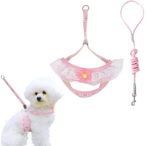 Cat Harness Collar and Leash Set, Sweet Lace Floral Kitten Collar, Escape Proof Puppy Chest Harness, Adjustable Cute Harness Leash Set for Cat Puppy Dog Outdoor Walking (Pink, S)