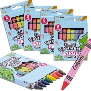 Super Washable Jumbo Crayons Bulk, 4 Pack Crayons with 8 Bright Colors, Non-Toxic Easy-Grip for Toddlers 1-3 & Kids Ages 4-8, Safe Art Supplies for Coloring Books & School Projects