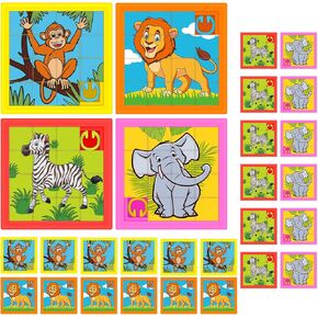 24 Pieces Animals Slide Puzzle Fun Brain Teaser Toys Games Monkey Zebra Lion Elephant Cute Pattern, Develops Problem-Solving Skills for Homeschool Classroom VBS Learning, 2.4 x 2.4 Inch