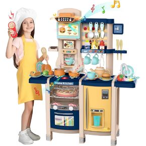 SANDINRAYLI Play Kitchen, Kids Kitchen Playset for Kids Ages 4-8, Toy Kitchen with Spray Stove, Oven, Sink, Dishwasher, Pretend Kitchen Set for Toddlers 3-5 with Real Sounds and Light, Blue