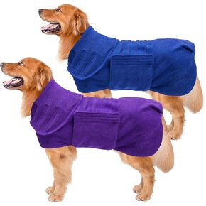 Geyecete 2 Pack Dog Drying Coat Dry Fast Dog Bag Dog Bathrobe Towel,Microfibre Fast Drying Super Absorbent Pet Dog Cat Bath Robe Towel Blue/Purple-XL