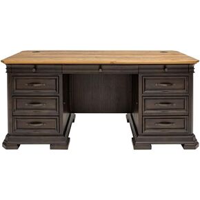 Pemberly Row Executive Credenza Desk Writing Table with Wood Plank Top Brown