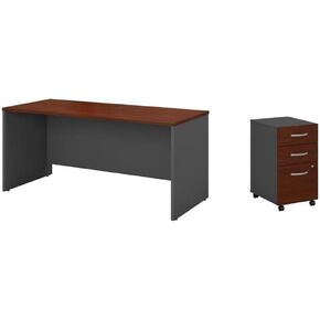 Pemberly Row Set of 2 60W Credenza Desk & Mobile File Cabinet in Hansen Cherry