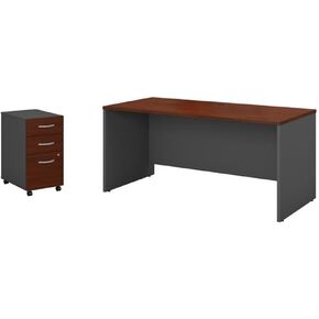 Pemberly Row Set of 2 60W Credenza Desk & Mobile File Cabinet in Hansen Cherry