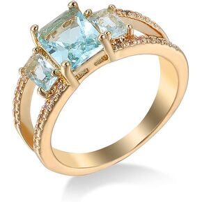 Blue Topaz Ring Promise Ring 925 Sterling Silver Blue Square Gold 3-Stone Ring Cubic Zirconia Ring Blue Topaz Square Diamond Ring Gemstone Ring Aquamarine Gemstone Wedding Bridal Band Ring（8）
