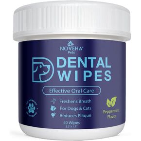 NOVEHA Pets Dental Finger Wipes for Dogs & Cats | Freshens Breath, Reduces Plaque | Healthier Gums | Clean Teeth No Toothbrush | Vet Recommended Effective Natural Oral Care (50 pcs, Mint)