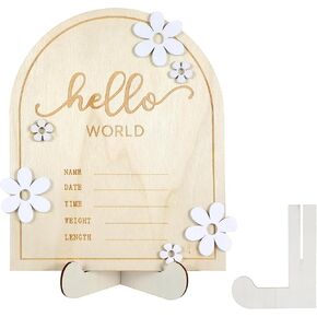Wooden Hello World Newborn Sign Baby Announcement Sign for Baby Showers Daisy Newborn Birth Announcement Board Welcome Darling Shower Gifts for Hospital Nursery with Photo Frame and Stand