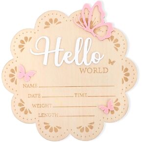 Pink Butterfly Hello World Sign - Baby Announcement Signs, Newborn Announcement Board, Baby Name Signs for Hospital Newborn (Butterfly Hello World)