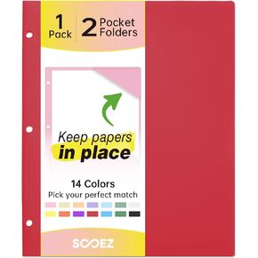 Sooez 1 Pack Folder with Pockets 3 Hole Punched, Plastic Pockets Folders for 3 Ring Binder with Labels, Heavy Duty Binder Folders, 2 Pocket Folders for Document, Letter Size File Folders,Pink