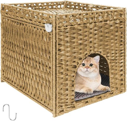 Cat Litter Box Enclosure Furniture Hidden Cabinet - Handwoven Rattan Pet House with 2 Removable Mats - Large Foldable Design for Privacy - Fits Living Room, Bedroom, Balcony Natural in Saudi Arabia