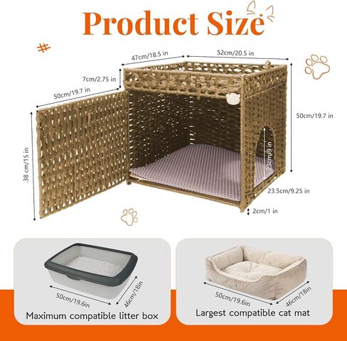 Cat Litter Box Enclosure Furniture Hidden Cabinet - Handwoven Rattan Pet House with 2 Removable Mats - Large Foldable Design for Privacy - Fits Living Room, Bedroom, Balcony Natural in Saudi Arabia