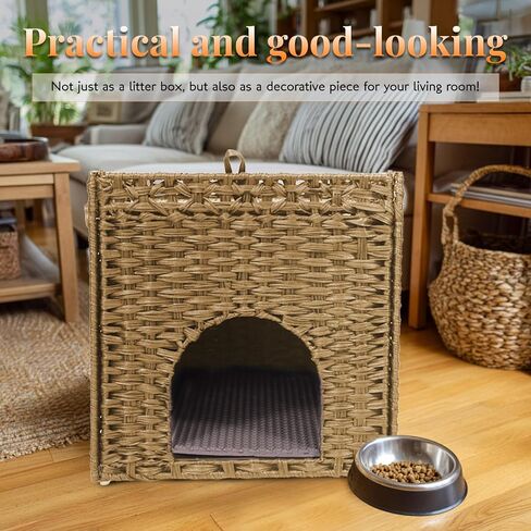 Cat Litter Box Enclosure Furniture Hidden Cabinet - Handwoven Rattan Pet House with 2 Removable Mats - Large Foldable Design for Privacy - Fits Living Room, Bedroom, Balcony Natural in Saudi Arabia