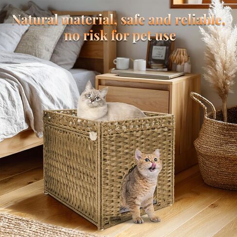 Cat Litter Box Enclosure Furniture Hidden Cabinet - Handwoven Rattan Pet House with 2 Removable Mats - Large Foldable Design for Privacy - Fits Living Room, Bedroom, Balcony Natural in Saudi Arabia