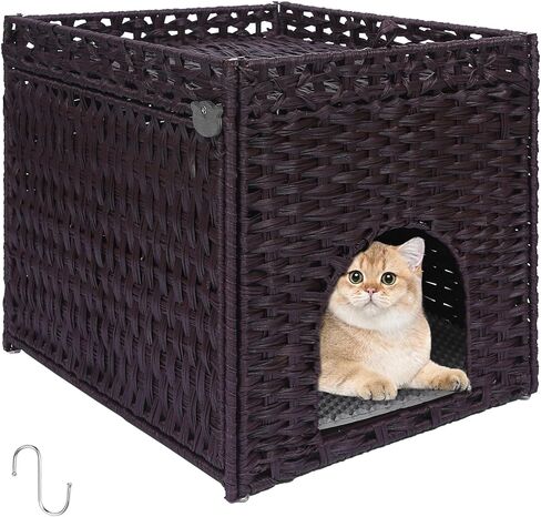 قطة القمامة مربع العلبة الأثاث الخزانة الخفية - Rattan Pet House يدويًا مع حصيرة قابلة للإزالة - تصميم كبير قابل للطي للخصوصية - غرفة المعيشة ، غرفة نوم ، شرفة طبيعية in Kuwait