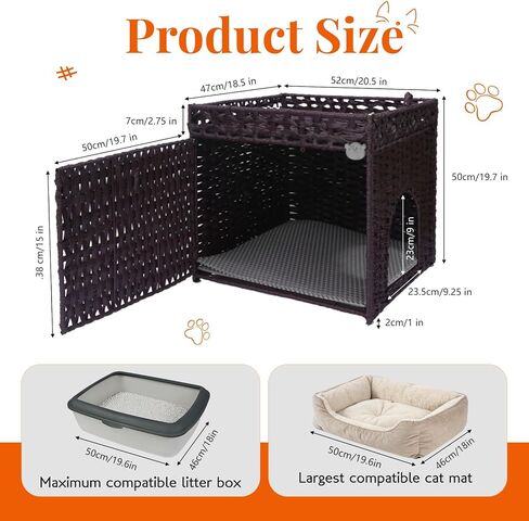 قطة القمامة مربع العلبة الأثاث الخزانة الخفية - Rattan Pet House يدويًا مع حصيرة قابلة للإزالة - تصميم كبير قابل للطي للخصوصية - غرفة المعيشة ، غرفة نوم ، شرفة طبيعية in Kuwait