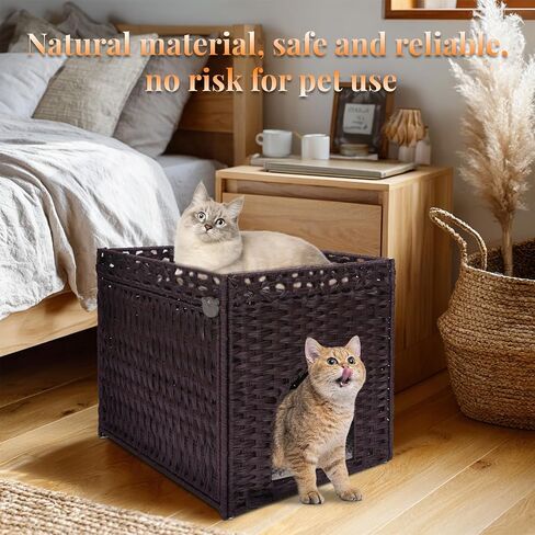 قطة القمامة مربع العلبة الأثاث الخزانة الخفية - Rattan Pet House يدويًا مع حصيرة قابلة للإزالة - تصميم كبير قابل للطي للخصوصية - غرفة المعيشة ، غرفة نوم ، شرفة طبيعية in Kuwait