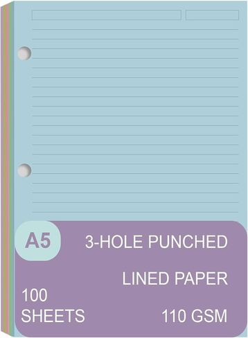 A5 Filler Paper, 6 Hole Colorful Refills Lined Paper for 6 Ring Refillable Binder, 110 Gsm 5-Color Loose Leaf Planner Refill Paper, 100 Sheets/200 Pages, 5.7 x 8.3 Inch in Saudi Arabia