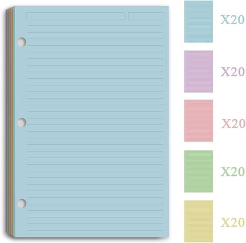 A5 Filler Paper, 6 Hole Colorful Refills Lined Paper for 6 Ring Refillable Binder, 110 Gsm 5-Color Loose Leaf Planner Refill Paper, 100 Sheets/200 Pages, 5.7 x 8.3 Inch in Saudi Arabia
