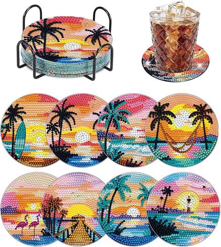 8 PCS Cocktail Diamond Art Coasters Kits ، Diamond Painting Coasters with Holder Set من 8 ، DIY Drink Coasters Frants Supplies for البالغين كأس الحصيرة للمنزل المنزلي. in Saudi Arabia