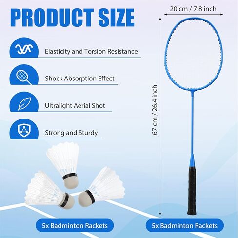 10 Packs Badminton Rackets Set with 15 Badminton Shuttlecocks Birdies Badminton Racquets for Adult and Lightweight Teenagers Badminton Set for Backyard Gym Beach Outdoor Games, 5 Colors in Saudi Arabia