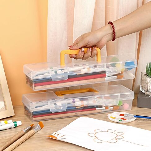 BTSKY 1 Pack Clear Plastic Painting Brush Container with Yellow Handle, Portable Long Paintbrush Case, Drawing Tools Storage Box, Practical Art Supply Organizer for Artist Crafters, 13.1"x3.7"x2.4" in Saudi Arabia