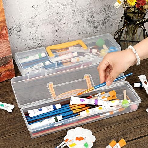 BTSKY 1 Pack Clear Plastic Painting Brush Container with Yellow Handle, Portable Long Paintbrush Case, Drawing Tools Storage Box, Practical Art Supply Organizer for Artist Crafters, 13.1"x3.7"x2.4" in Saudi Arabia