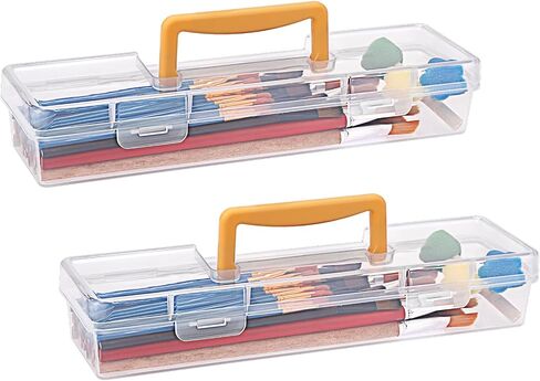 BTSKY 1 Pack Clear Plastic Painting Brush Container with Yellow Handle, Portable Long Paintbrush Case, Drawing Tools Storage Box, Practical Art Supply Organizer for Artist Crafters, 13.1"x3.7"x2.4" in Saudi Arabia
