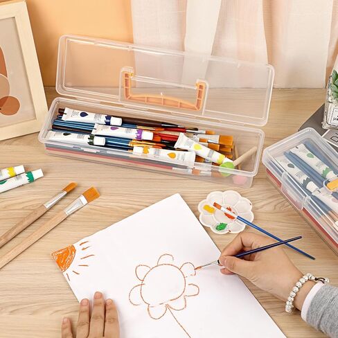 BTSKY 1 Pack Clear Plastic Painting Brush Container with Yellow Handle, Portable Long Paintbrush Case, Drawing Tools Storage Box, Practical Art Supply Organizer for Artist Crafters, 13.1"x3.7"x2.4" in Saudi Arabia