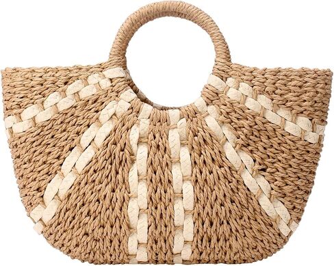 YYW Straw Bags for Women,Hand-woven Straw Large Bag Round Handle Ring Tote Retro Summer Beach Rattan bag in Kuwait