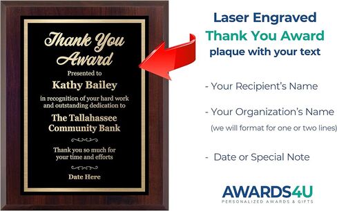 Personalized Thank You Plaque - جائزة Laser المحفورة - اختر حجمك - تخصيص الآن! (6x8) in Saudi Arabia