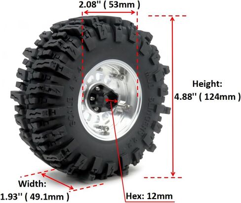 Hobbysoul RC 2.2 Mud Slingers Tyres 124mm Tend & 2.2 Beadlock Wheels Admable Threadable 2.2 Rims Black for RC Mud Crawler Trail Gen8 Gen8 Everest 10 Axial Capra Wraith ، (4 pack ، trembed) in Kuwait