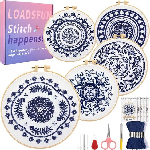 LOADSFUN 5 Pieces Embroidery Kit for Beginners, Cross Stitch Kits with Stamped Patterns,Hoop,Threads,Needle Threader Needlepoint Kits Crafts for Adults Step by Step Instructions Video in Saudi Arabia