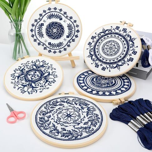 LOADSFUN 5 Pieces Embroidery Kit for Beginners, Cross Stitch Kits with Stamped Patterns,Hoop,Threads,Needle Threader Needlepoint Kits Crafts for Adults Step by Step Instructions Video in Saudi Arabia