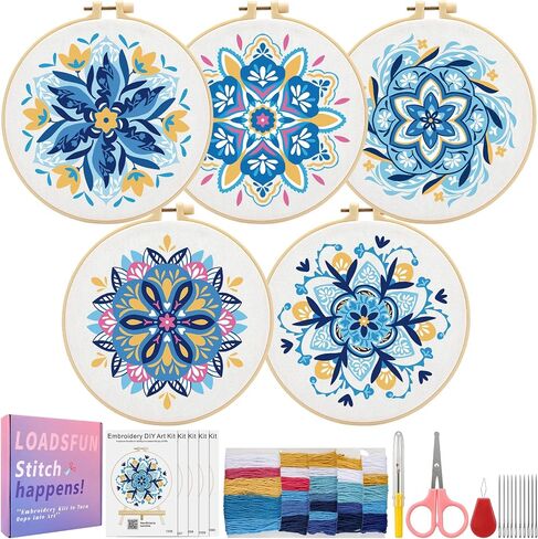 LOADSFUN 5 Pieces Embroidery Kit for Beginners, Cross Stitch Kits with Stamped Patterns,Hoop,Threads,Needle Threader Needlepoint Kits Crafts for Adults Step by Step Instructions Video in Saudi Arabia