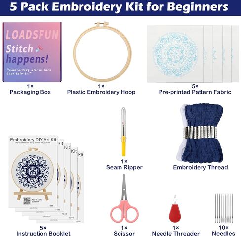 LOADSFUN 5 Pieces Embroidery Kit for Beginners, Cross Stitch Kits with Stamped Patterns,Hoop,Threads,Needle Threader Needlepoint Kits Crafts for Adults Step by Step Instructions Video in Saudi Arabia