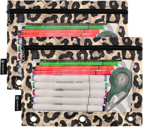 Cheetah Brown Golden Binder Pouches 3 Ring for Boys Girls School Office College Supplies Leopard Black Pencil Pouches Case Bag with Clear Window and Zipper 2 Pack in Saudi Arabia