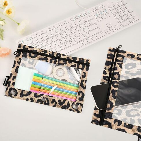 Cheetah Brown Golden Binder Pouches 3 Ring for Boys Girls School Office College Supplies Leopard Black Pencil Pouches Case Bag with Clear Window and Zipper 2 Pack in Saudi Arabia