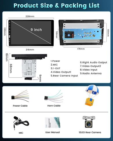 9 Inch Touch Screen Single Din Car Stereo with Apple Carplay Android Auto, Hikity Car Radio Bluetooth Car Audio Support Mirror Link FM AM/USB/EQ Setting + Backup Camera in Saudi Arabia