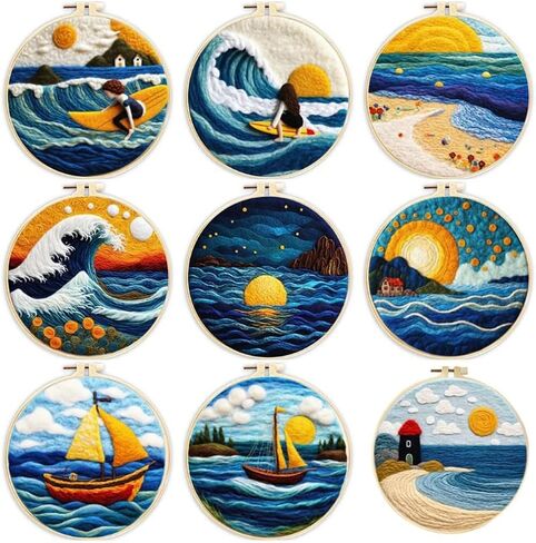 3 Sets Wool Felt Sets Seascape Scenery Needle Felting Kits DIY Handmade Wool Felt Painting Kits Home Decor Needle Felt Starter Sets Gifts with Instructions and Foam Pad for Beginners (Blue) in Saudi Arabia